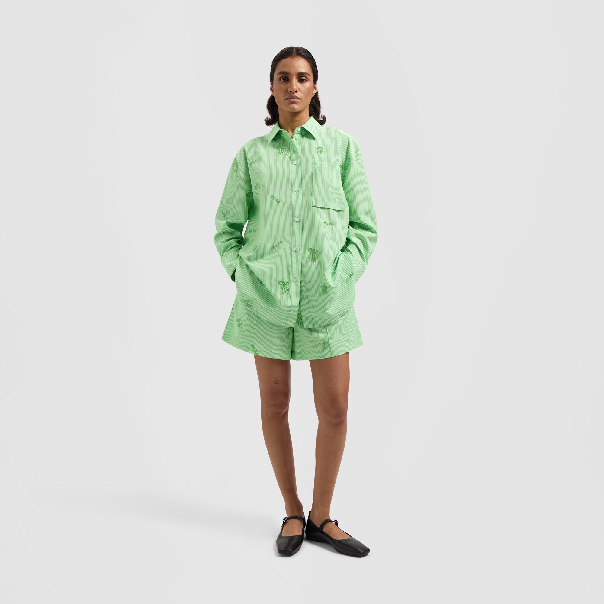 WMN Stripe Embro Shirt - Green