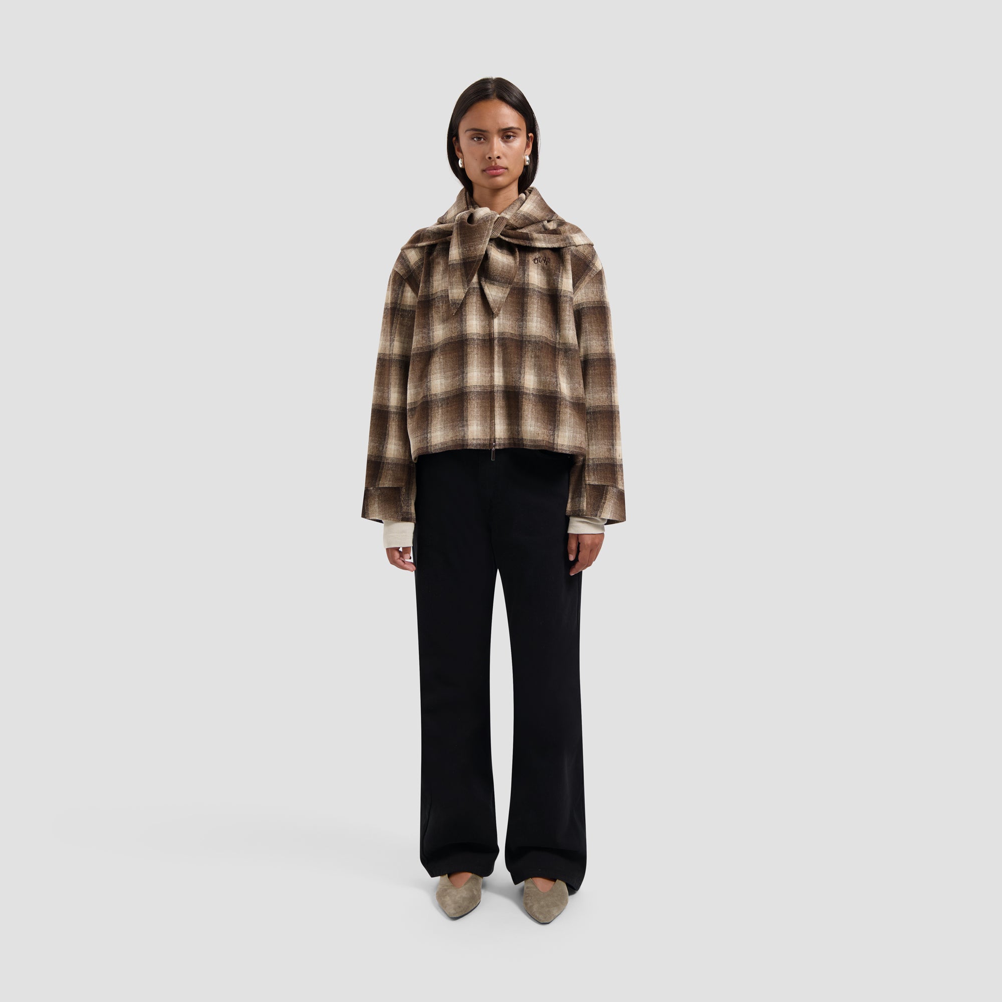 Checked Hooded Scarf - Hot Fudge