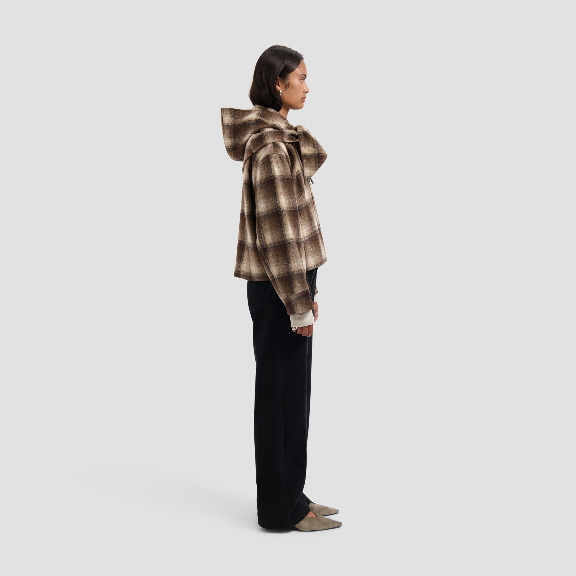 Checked Hooded Scarf - Hot Fudge