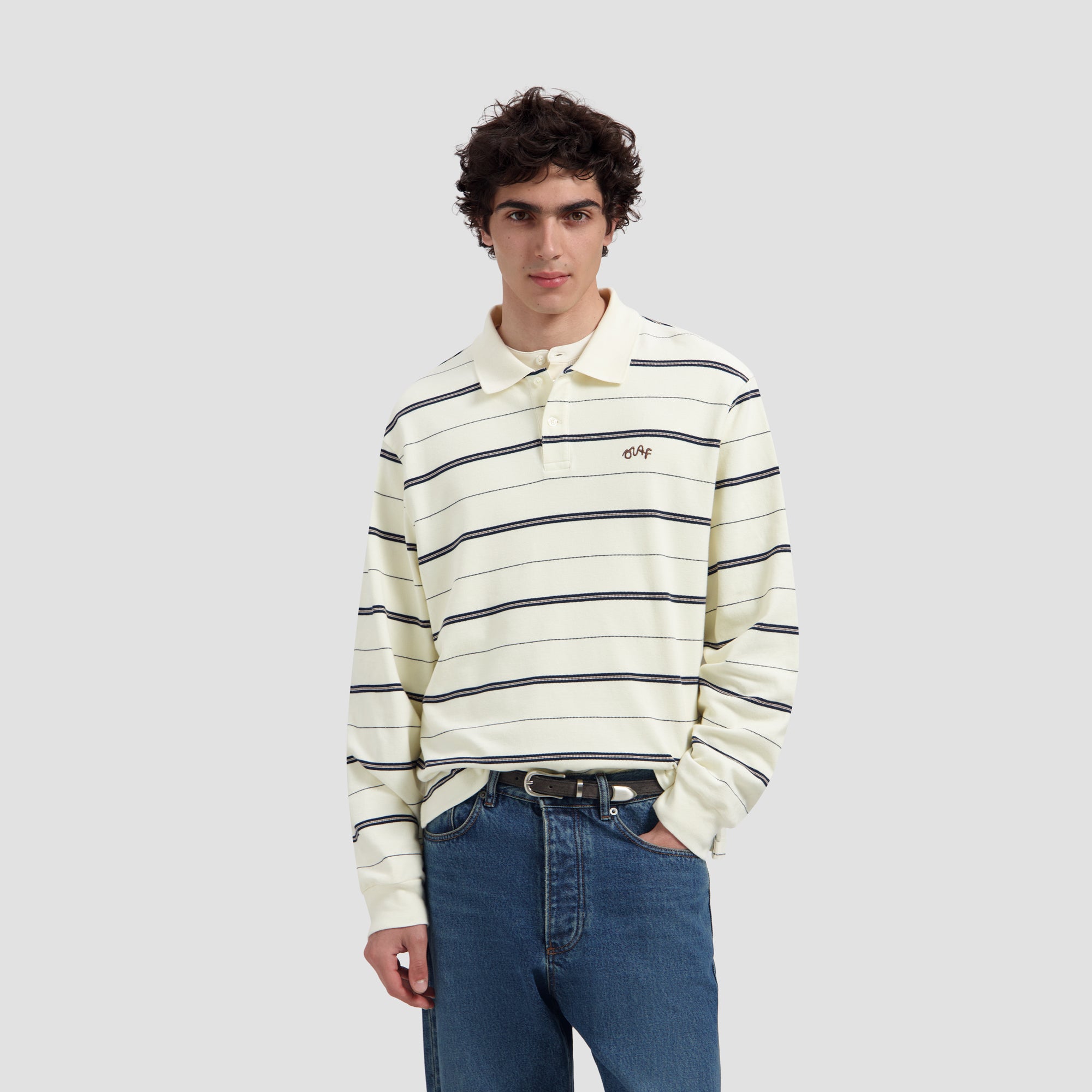 Striped Signature LS Polo - Off White/ Navy Stripe